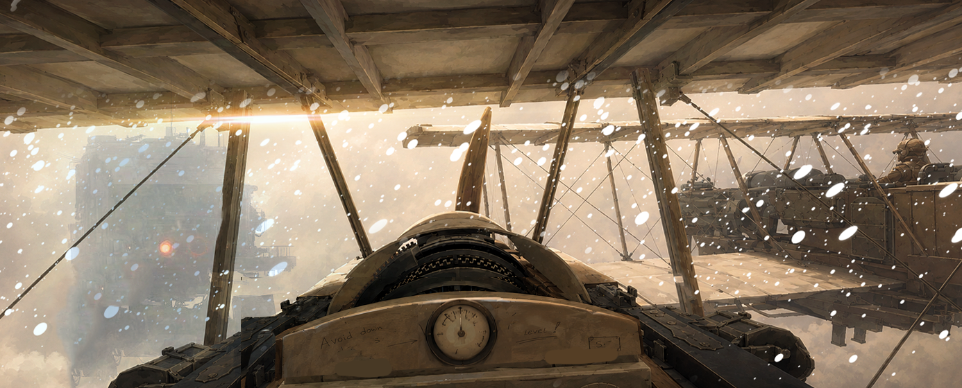 Biplane cockpit in falling snow above the overcast